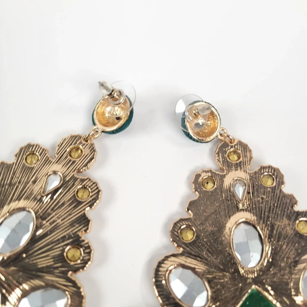 Huge Emerald Green Tassel Chandelier Earrings Rhinestone Dangle Boho Jewelry